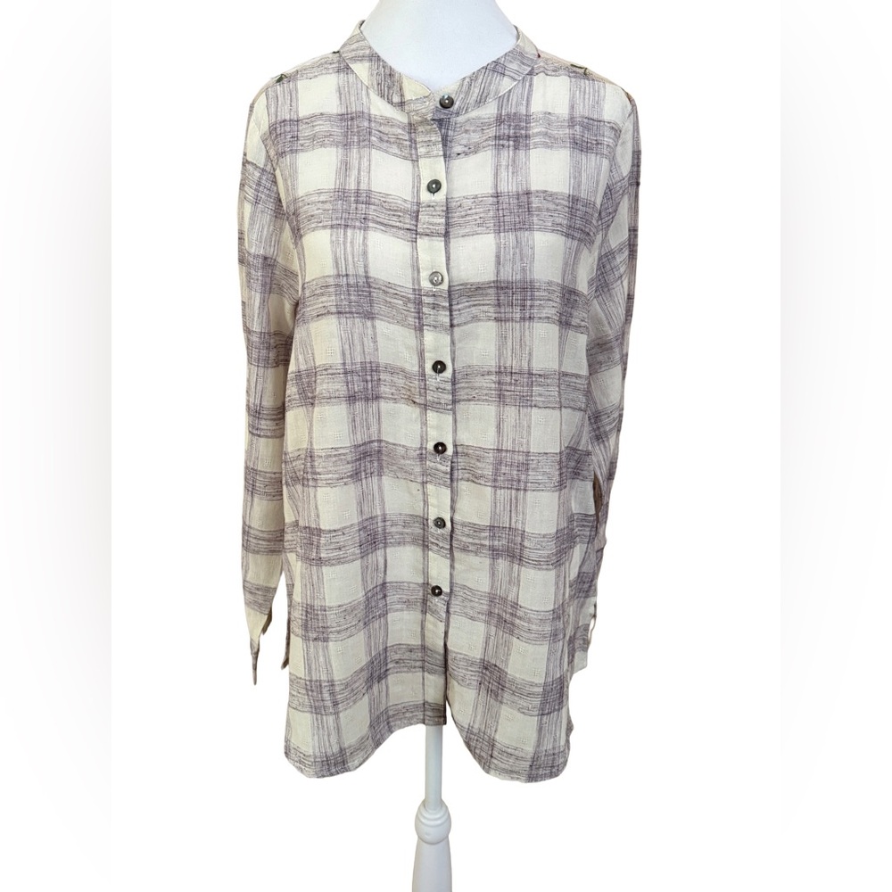 NWOT ODDI Lavender & Cream Check Button Down Top + Lace Embroidered Back Medium